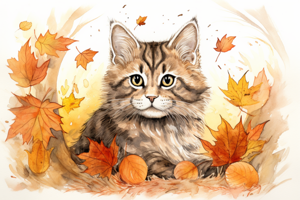 Adorable Tabby Cat In Leaves