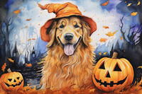 Thumbnail for Happy Halloween Golden Retriever And Jack O Lanterns