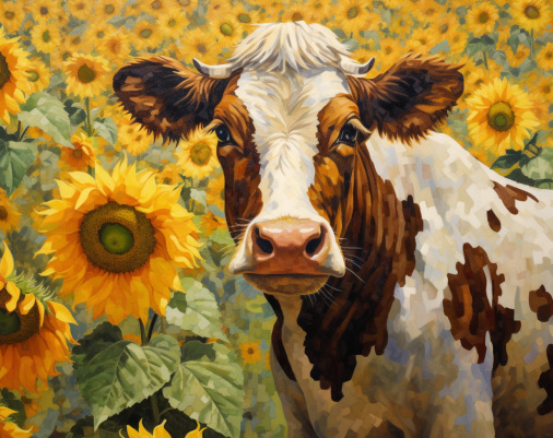 Brown Cow And Sunflowers