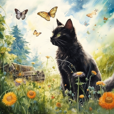 Pretty Black Kitty And Butterflies
