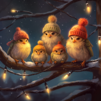 Cute Little Christmas Birds On A Branch