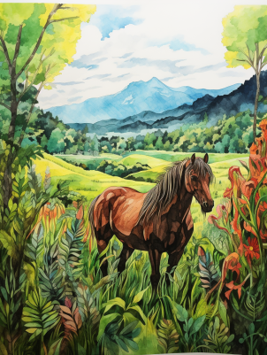 Watercolor Horse In Peaceful Meadow