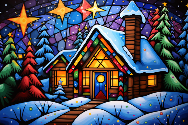 Christmas Cabin On Stained Glass