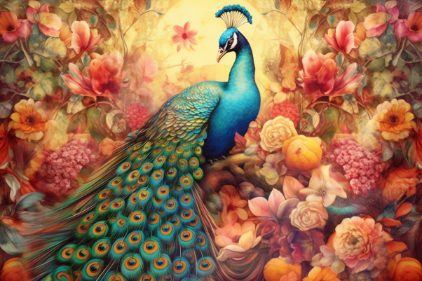 Graceful Peacock Among Golden Flowers  Diamond Painting Kits