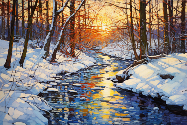 Stream In Winter Forest  Diamond Painting Kits