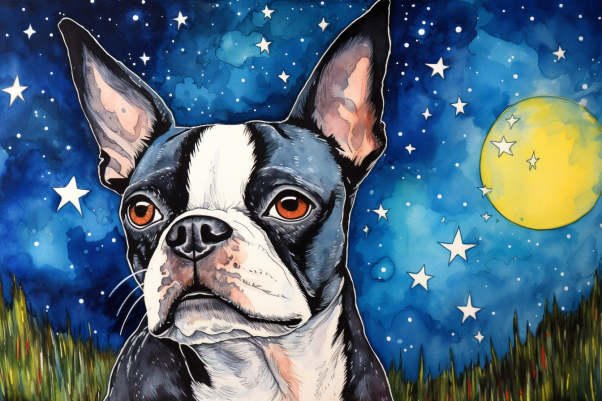 Watercolor Starry Night Boston Terrier