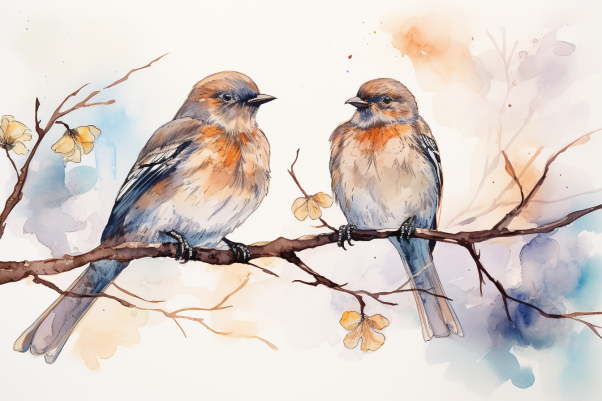 Two Soft Watercolor Birds On A Branch