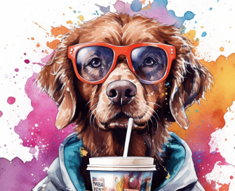 90's Dog In Orange Glasses Sipping On A Soda Pop