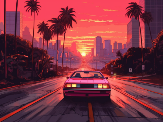 80s Style Car And Red Sunset