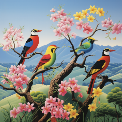Four Birds On Branches