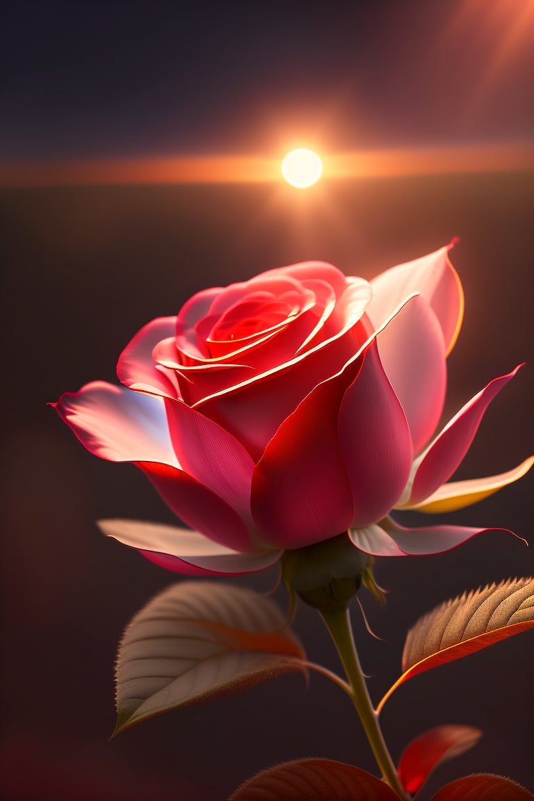 Pink Rose And Sun On The Horizon