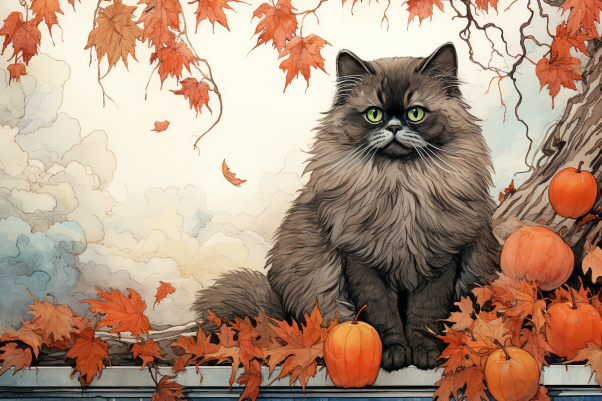 Fluffy Cat In The Fall