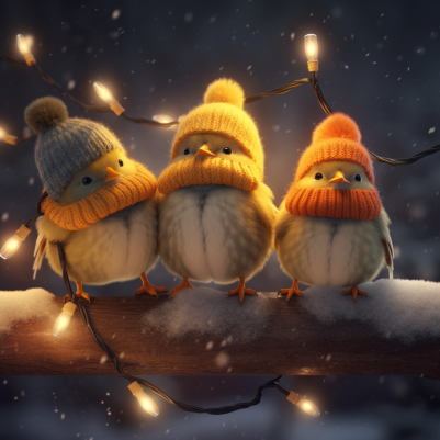 Three Little Birdies In A Christmas Tree Branch