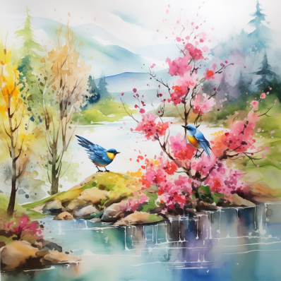 Watercolor Birds By A Pond