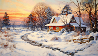 Thumbnail for Golden Sky Over Winter Farmhouse  Diamond Painting Kits