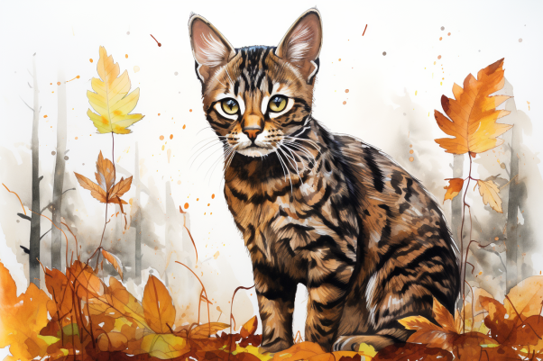 Bengal Cat Sitting In Leaves