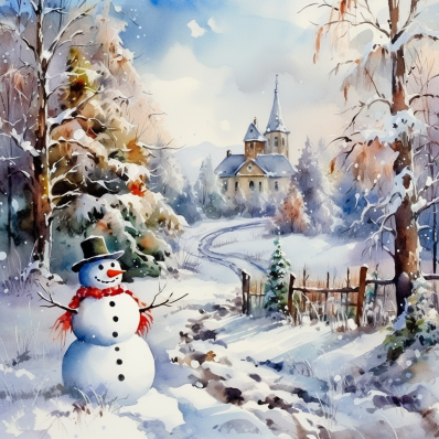 Happy Snowman In Front Of A Church