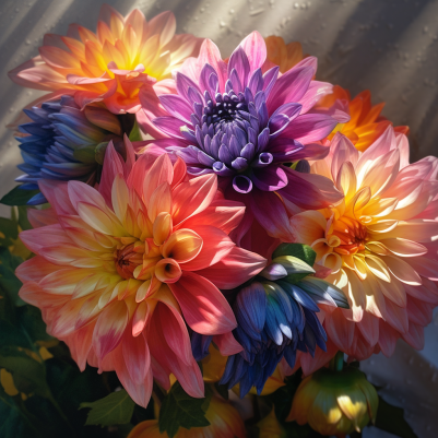 Bouquet Of Colorful Dahlia In Sunlight