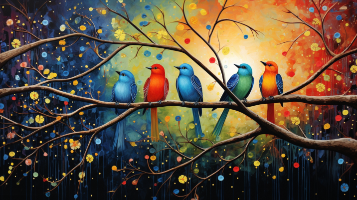 Whimsical Colorful Birds On A Branch