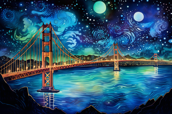 Watercolor Starry Night In San Francisco