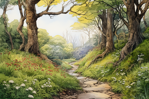 Watercolor Calm Forest Path