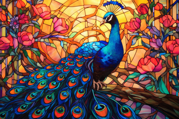 Graceful Vibrant Peacock On Stained Glass  Diamond Painting Kits