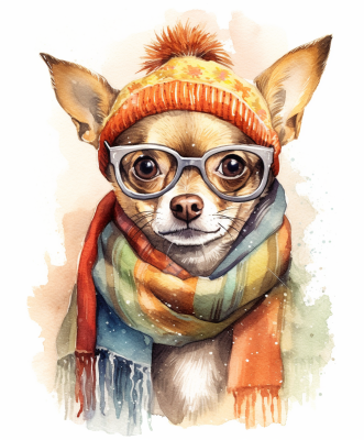 Chihuahua In Orange Beanie, Glasses And Scarf