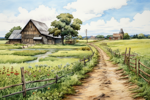 Watercolor Dirt Road And Farm