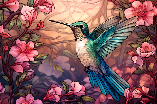 Blue Hummingbird Pink Flower Haze