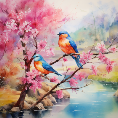 Two Birds On A Cherry Blossom Branch