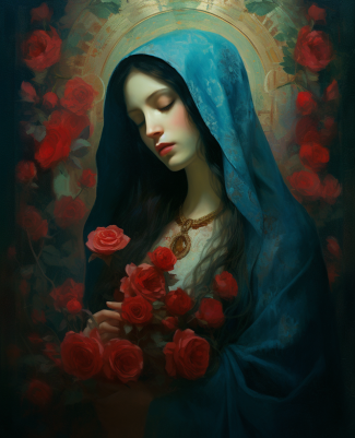 Peaceful Mother Mary And Red Roses