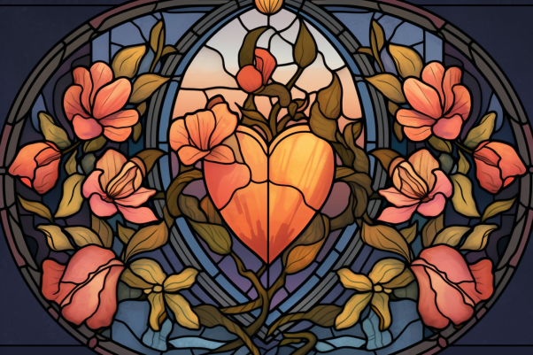 Stained Glass Heart And Pink Flowers