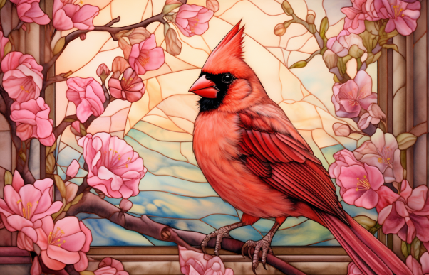 Dreamy Cardinal Among Pink Flowers