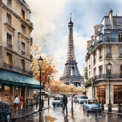 Busy Paris Street And Eiffel Tower   Diamond Painting Kits