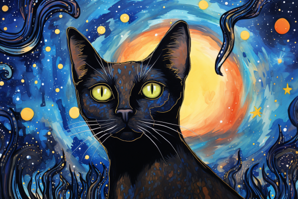 Black Siamese Cat On A Starry Night  Diamond Painting Kits