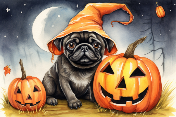 Adorable Halloween Pug And Jack O Lanterns