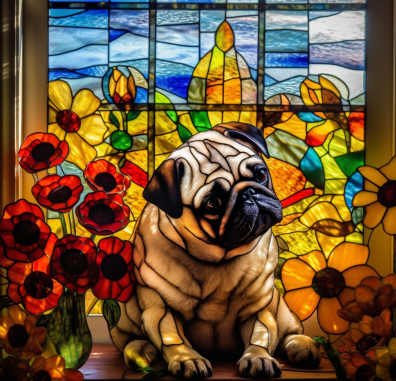Chubby Pug With Stained Glass Flowers Diamond Painting Kit