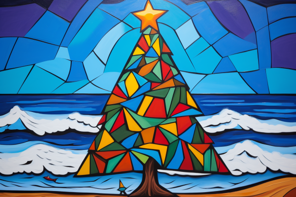 Stained Glass Vibe Christmas Tree And Sea