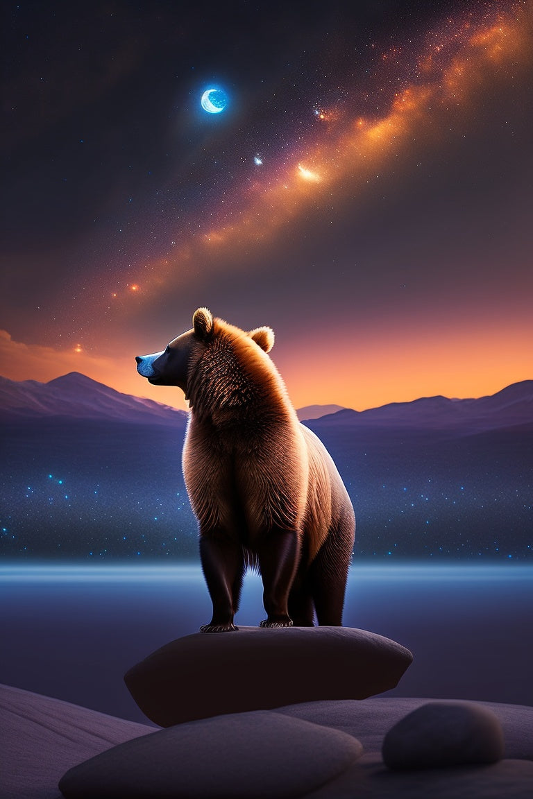 Brown Bear On A Magical Evening Moon And Planets