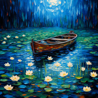 Midnight Boat In A Pond Of Lilies