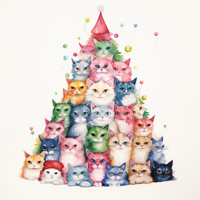 Watercolor Kitty Cat Christmas Tree