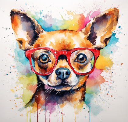 Painting Of A Brown Chihuahua In Glasses, Multi Colored Water Paint Background