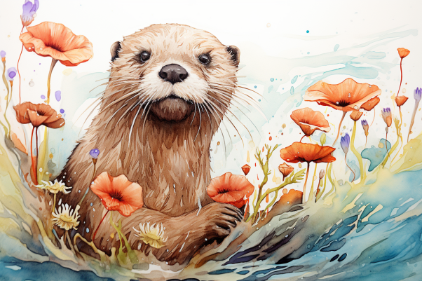 Watercolor Otter And Flowers  Diamond Painting Kits