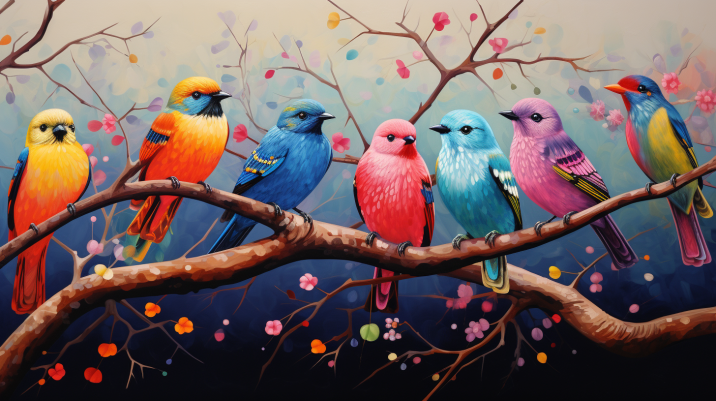 Fun Colorful Birds On A Branch  Diamond Painting Kits