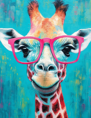 Happy Giraffe In Big Pink Glasses With Bright Blue Background