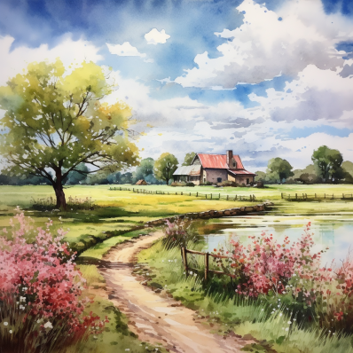Watercolor Country Home On A Spring Day   Diamond Painting Kits
