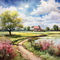 Thumbnail for Watercolor Country Home On A Spring Day   Diamond Painting Kits