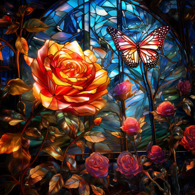 Stained Glass Golden Rose And Butterfly