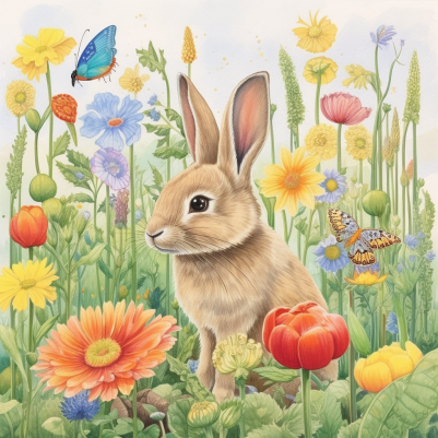 Bunny And Flowers In A Garden