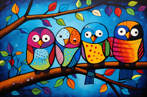 Colorful Playful Birds  On A Branch Diamond Painting Kits